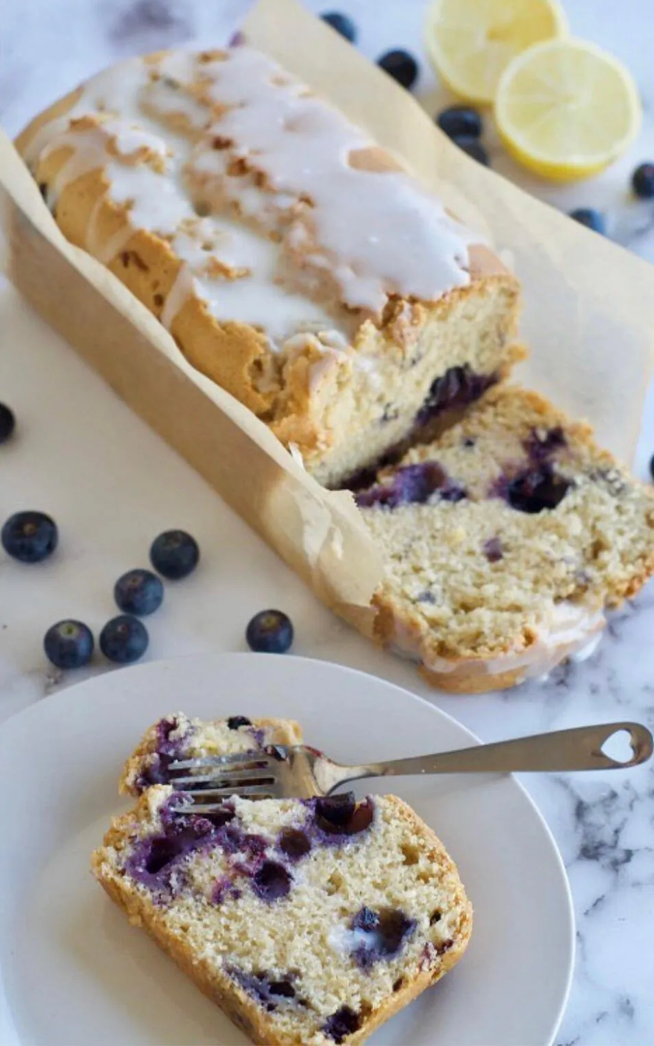 Glazed blueberry lemon loaf, sliced